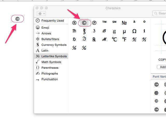 keyboard shortcut for copyright symbol mac